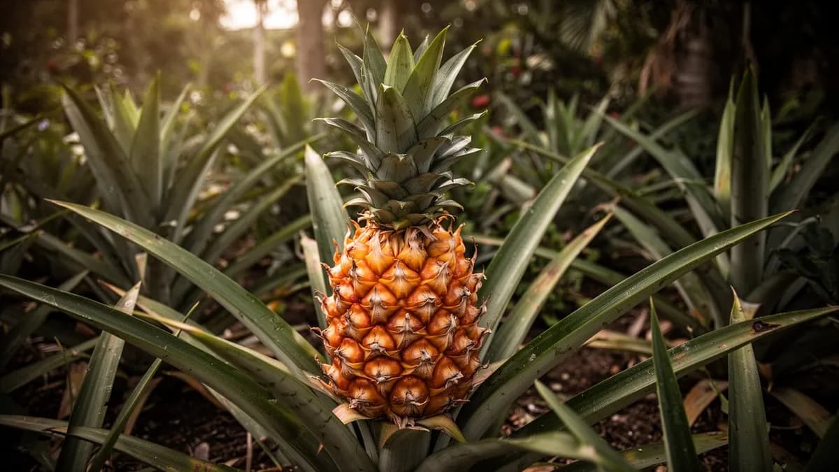 Planta de piña completa con hojas en forma de espada