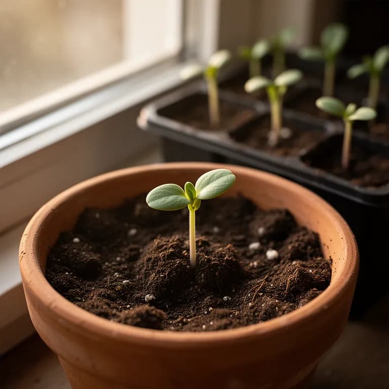 Pintobohnen-Keimling durchbricht warme Gartenerde mit kräftigen Keimblättern