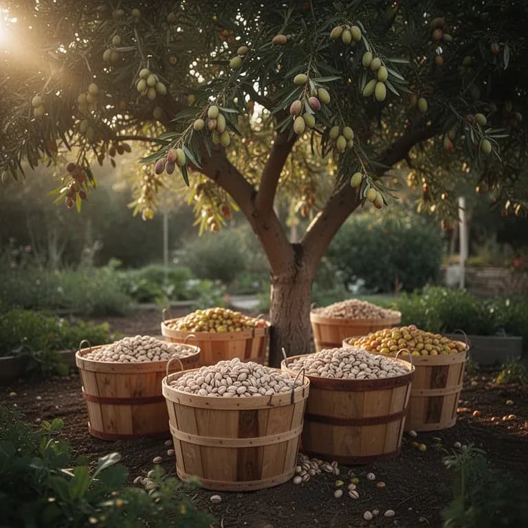 Pistachos maduros con cáscaras abiertas de forma natural en el árbol
