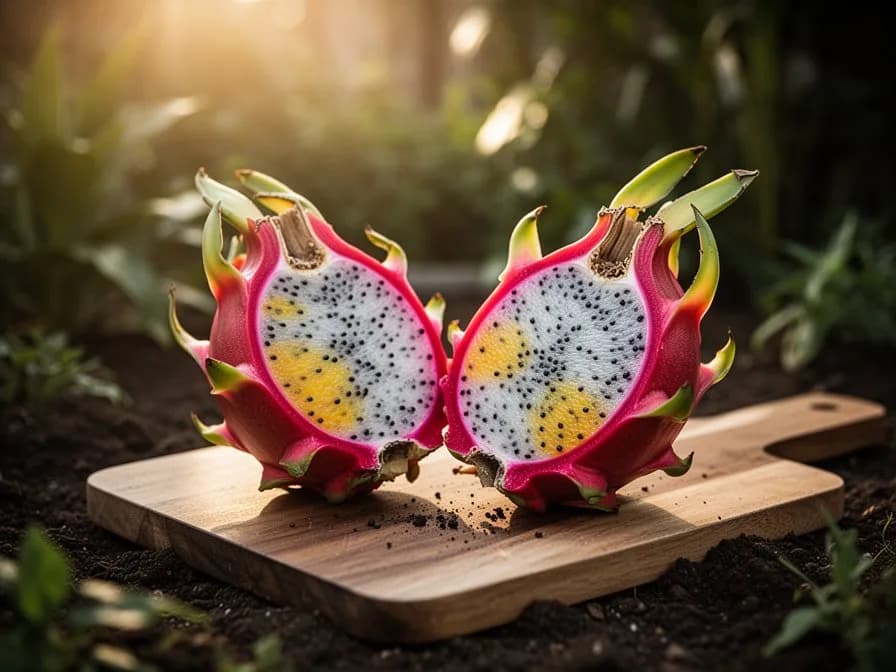 Red dragon fruit cactus climbing a wooden trellis post