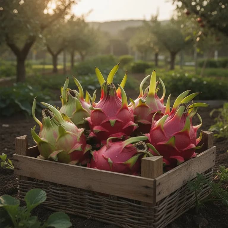 Ripe red dragon fruit with bright magenta skin and green scale-like bracts