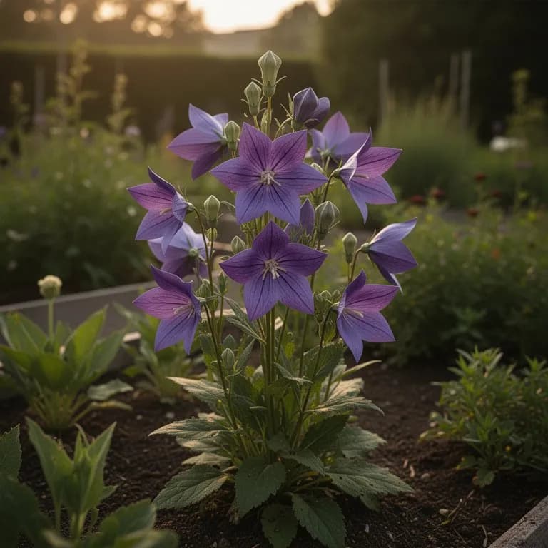 Cultivar de Platycodon grandiflorus de flores blancas en una bordura de jardin