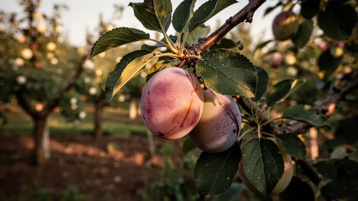Jardinero podando un ciruelo en verano con tijeras de podar afiladas