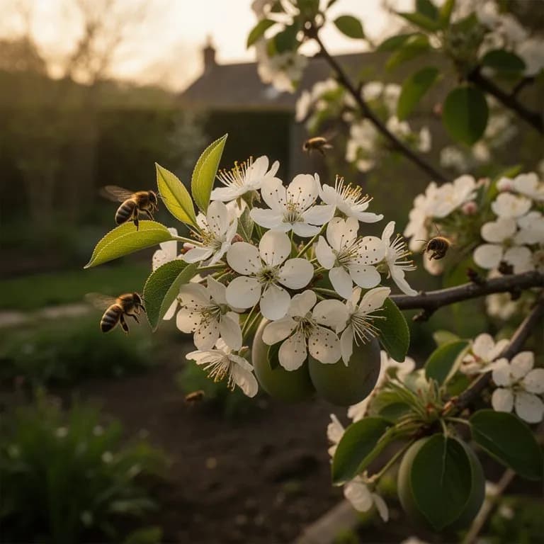 Zarte weiße Reneklodenblüten öffnen sich an kahlen Ästen im zeitigen Frühling