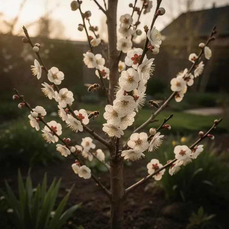 Dichte weiße Blüten bedecken einen japanischen Pflaumenbaum im zeitigen Frühjahr, bevor die Blätter erscheinen