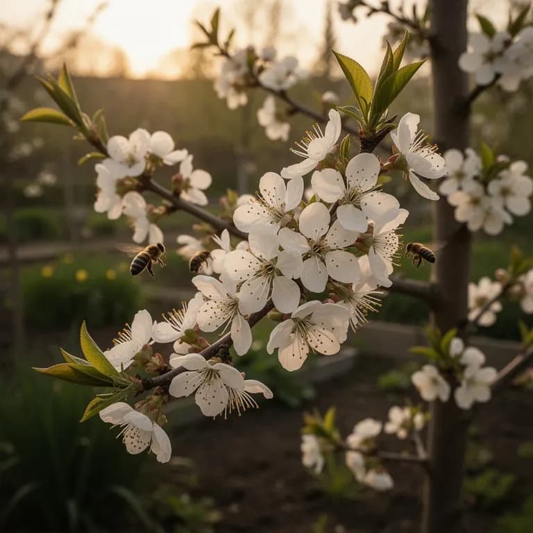 Delicadas flores blancas y rosa pálido de ciruela Santa Rosa cubriendo ramas desnudas a principios de primavera