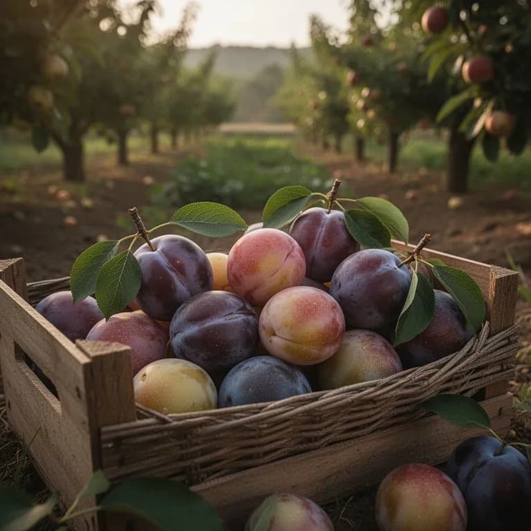 Ciruelas Santa Rosa recién cosechadas colocadas en una caja de madera en un huerto de California