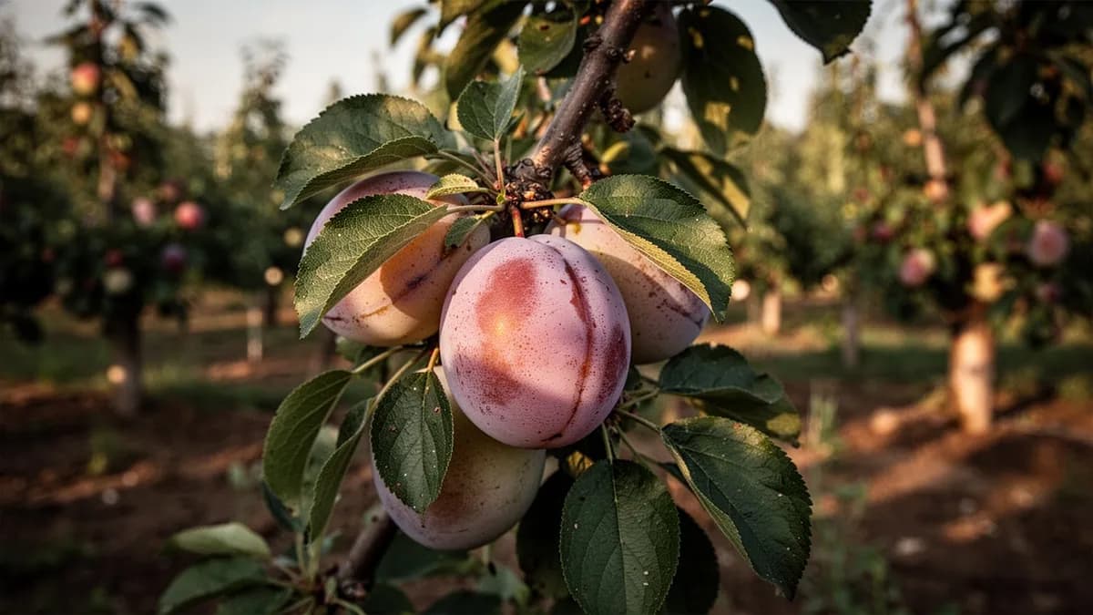 Ciruelo Santa Rosa maduro cargado de fruta roja madura en un jardín doméstico en verano