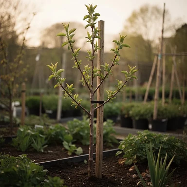 Young plum tree planted in a sunny garden location