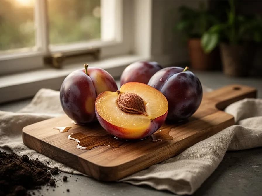 In der Mitte aufgeschnittene Plumcot mit goldorangefarbenem Fruchtfleisch und einem kleinen, steinlösenden Kern