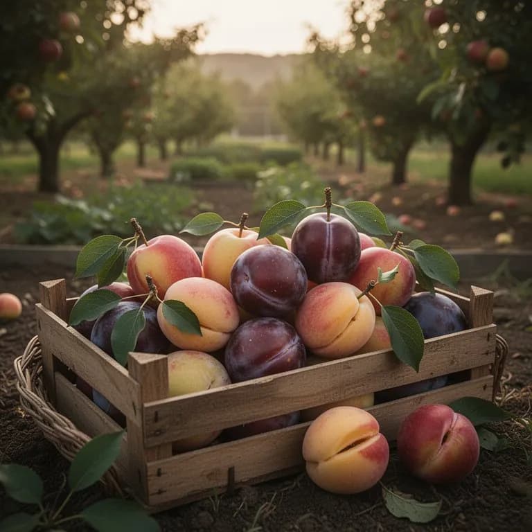 Korb gefüllt mit frisch geernteten Plumcot-Früchten in Rot-, Orange- und Goldtönen
