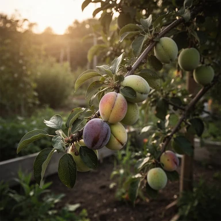 Gärtner beim Schneiden von Plumcot-Baumästen im Spätwinter vor dem Knospenaustrieb