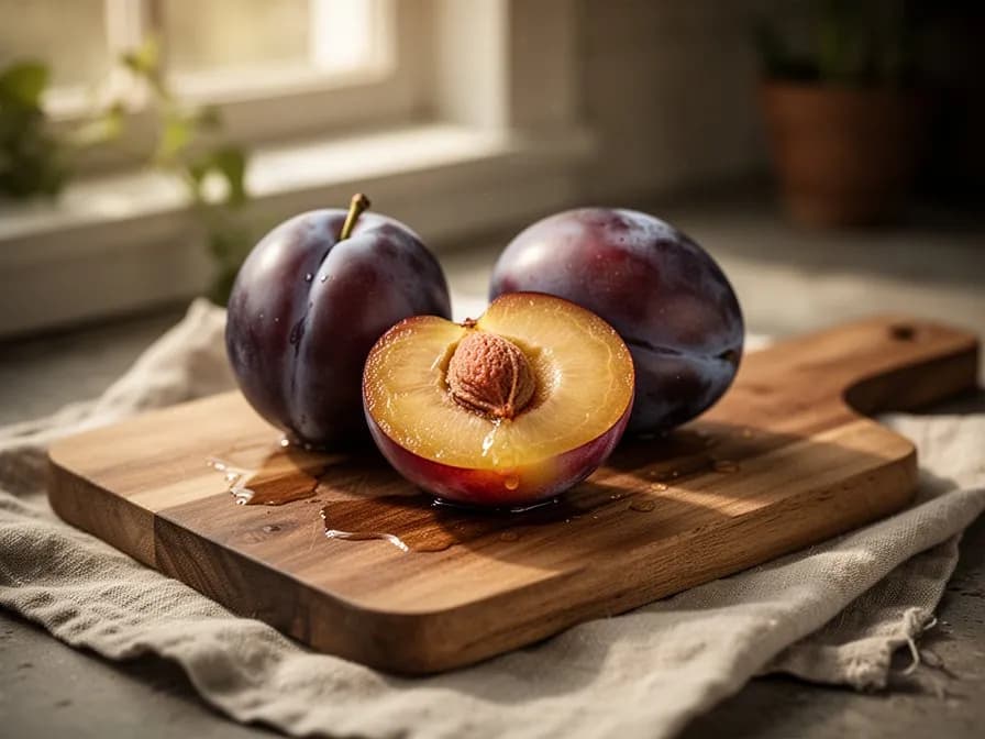 Halbierte Pluot mit tiefem bernstein-rotem Fruchtfleisch und glattem Kern auf einem Holzschneidebrett