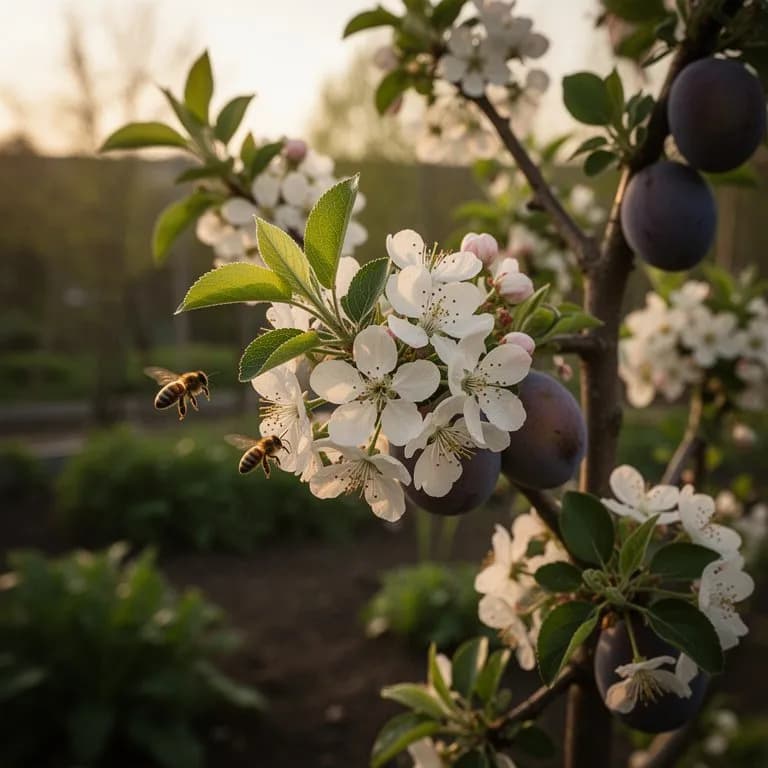 Pluot-Baumzweige bedeckt mit zarten weißen Blüten mit rosa Mitte im zeitigen Frühling
