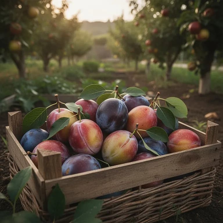 Holzkorb gefüllt mit reifen Pluots in verschiedenen Farben von goldgelb bis tiefviolett