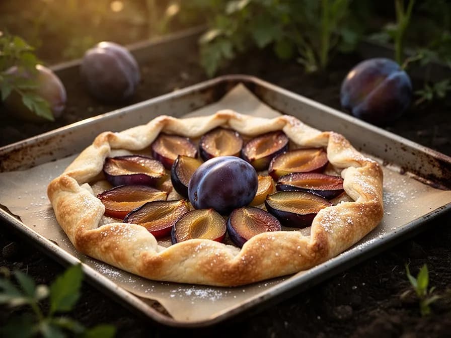 Gläser mit tiefroter Pluot-Marmelade neben frischen Pluots und einem Holzlöffel