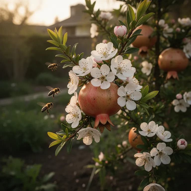 Bright orange-red pomegranate blossoms on a sunny branch