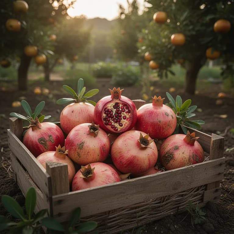 Deep red ripe pomegranate fruit hanging from a branch