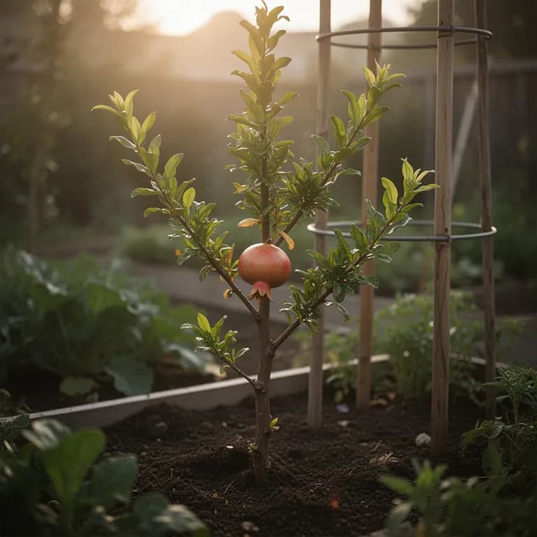Young pomegranate tree with glossy green leaves in a sunny garden