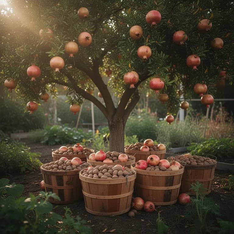 Hände schneiden vorsichtig einen reifen Granatapfel mit einer Gartenschere vom Ast
