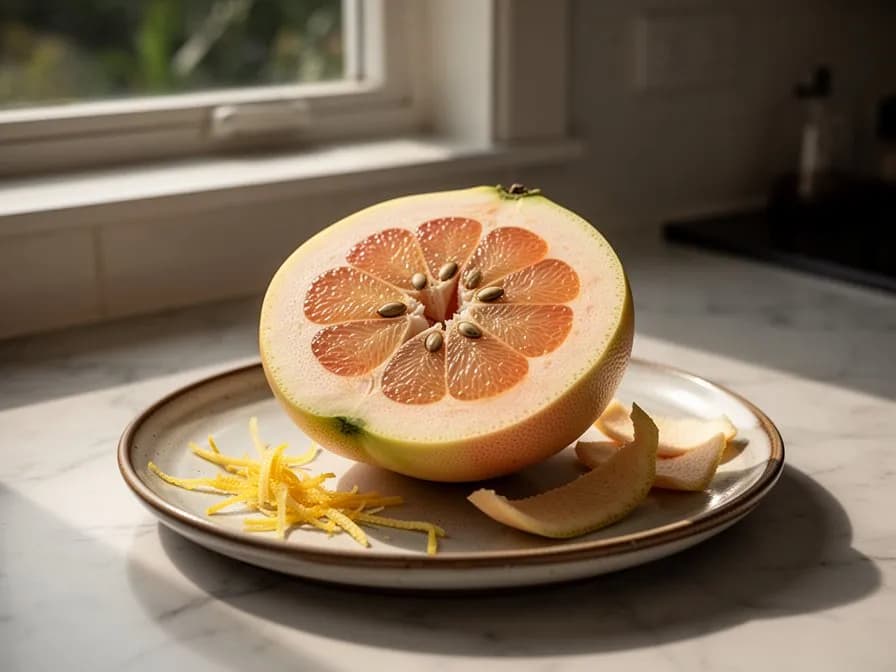 Pomelo cut in half revealing thick white pith and pink-red segmented flesh