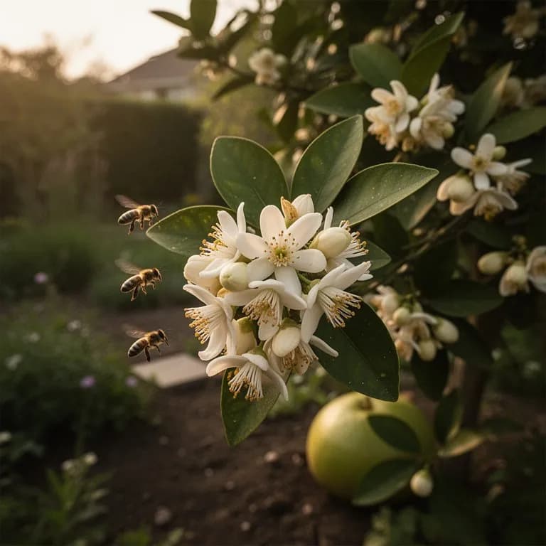 Clusters of large white star-shaped pomelo flowers on a branch with waxy leaves