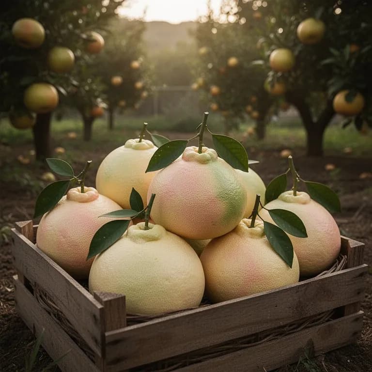 Woven basket filled with freshly harvested pomelo fruit of varying sizes in an orchard