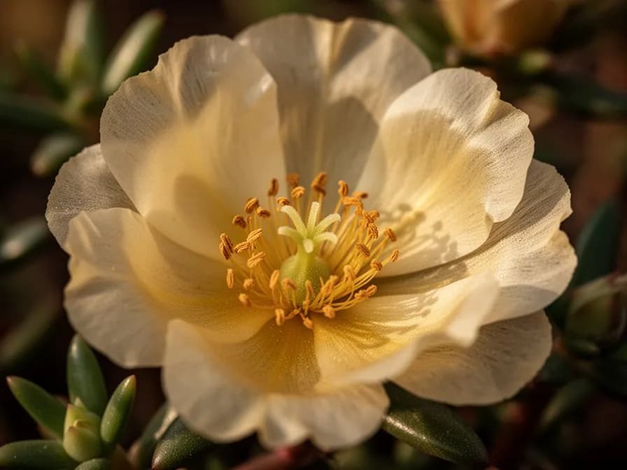 Tiny dark portulaca seeds spilling from a mature seed capsule onto a white surface