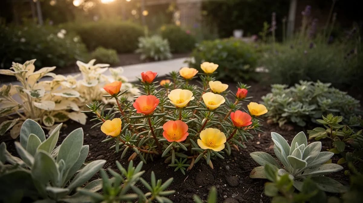Portulaca cascading over the edge of a terracotta container on a sun-drenched patio