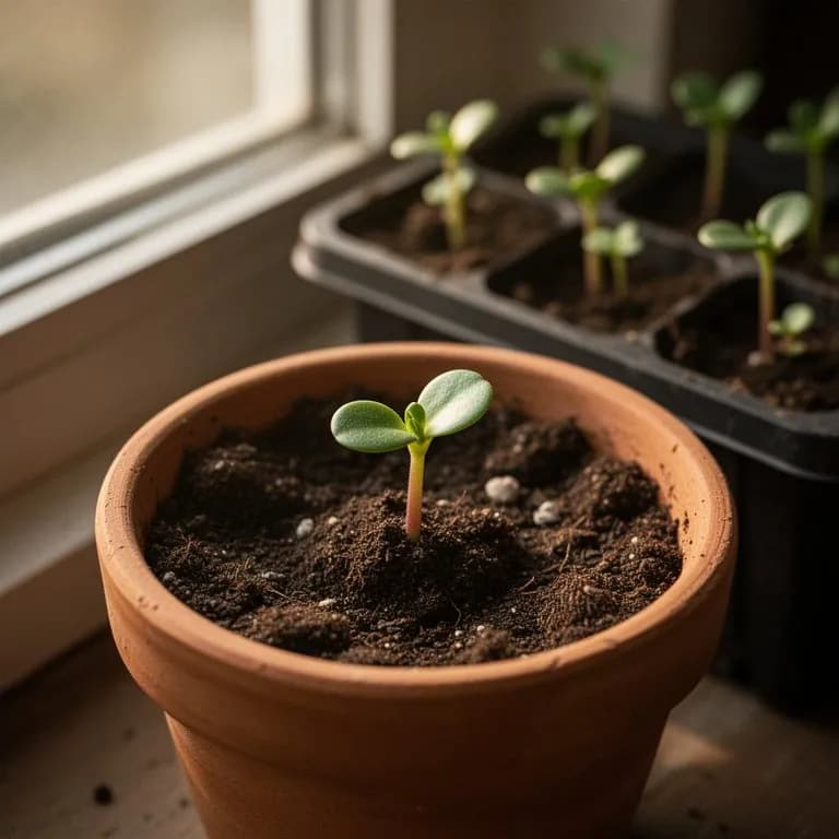 Tiny portulaca seedlings emerging from sandy soil with needle-like succulent leaves