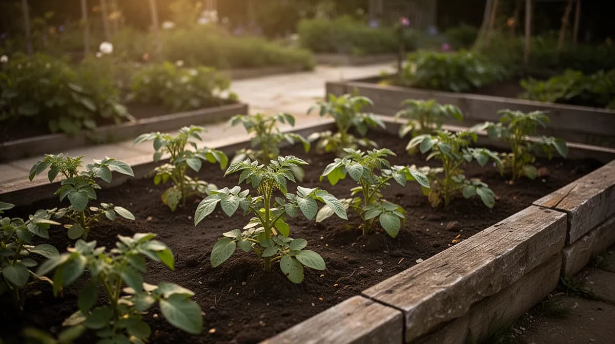 Potato plants growing in hilled rows