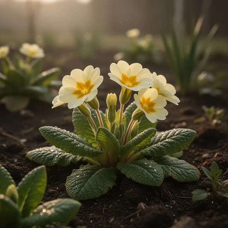 Planta de prímula en plena floración con racimos de flores amarillas
