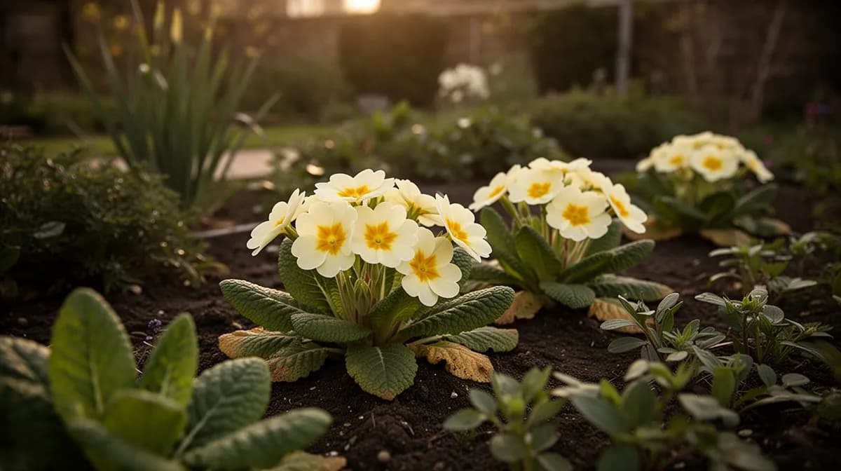Prímulas creciendo junto a helechos y hostas en una bordura sombreada