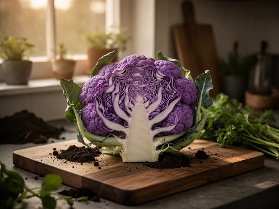 Querschnitt eines lila Blumenkohls mit leuchtend violetten Röschen und hellem Inneren