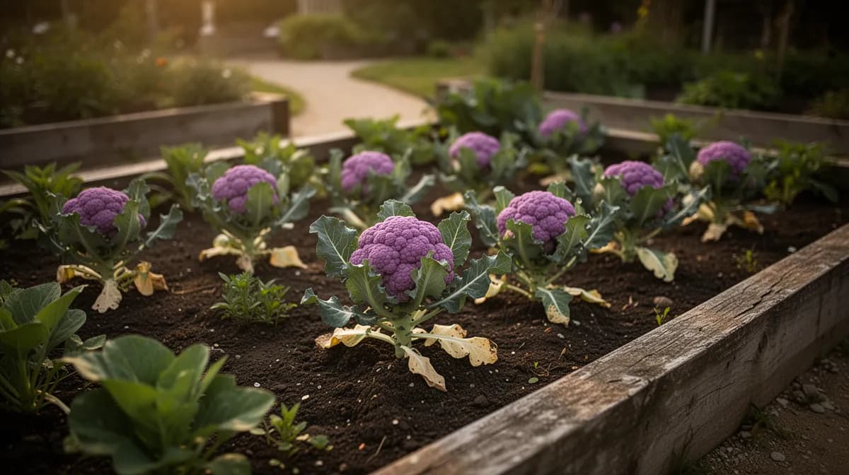 Reihe von lila Blumenkohlpflanzen in einem gepflegten Gemüsegarten