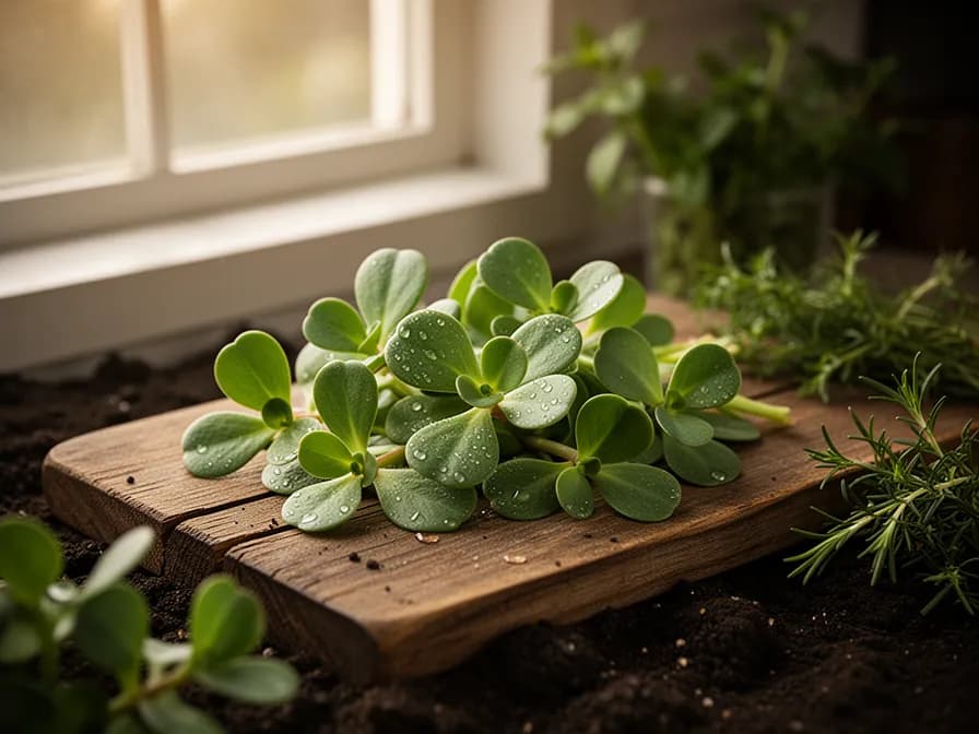Dichter Portulak-Teppich, der sich über den Gartenboden ausbreitet, mit dicken sukkulenten Stängeln