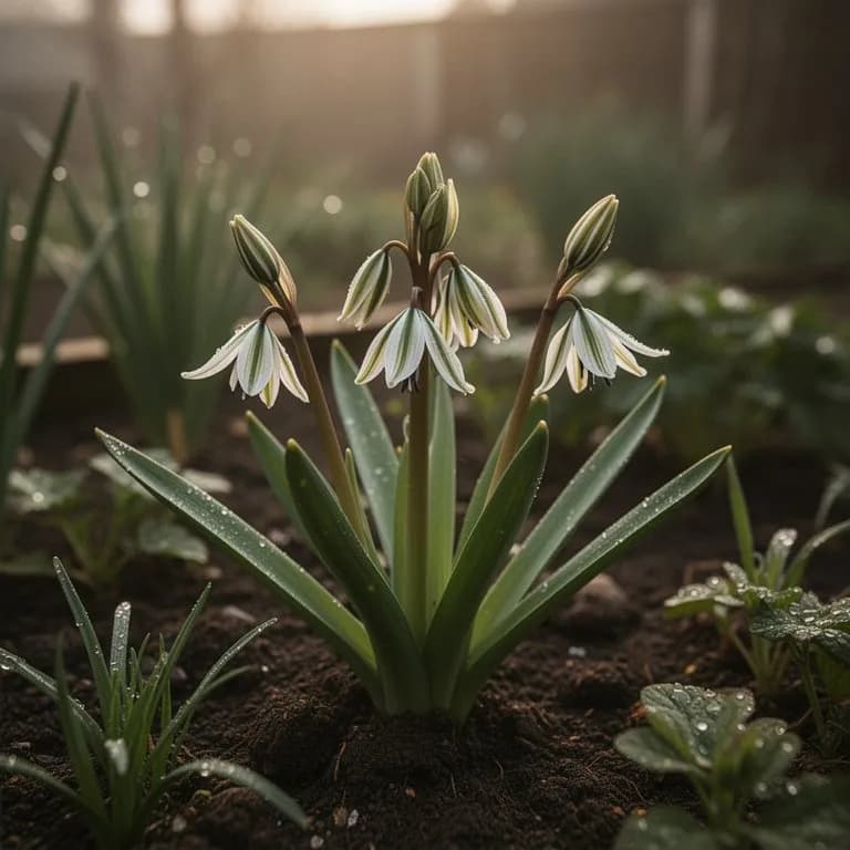 Nahaufnahme blassblauer Puschkinia-Blüten mit dunkleren blauen Streifen