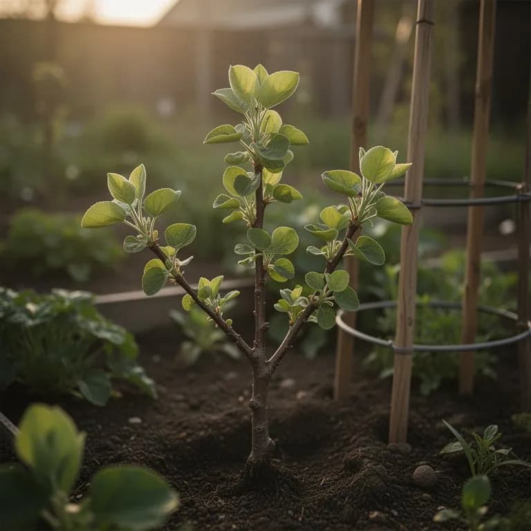 Joven membrillero en su segundo año con frondoso follaje verde