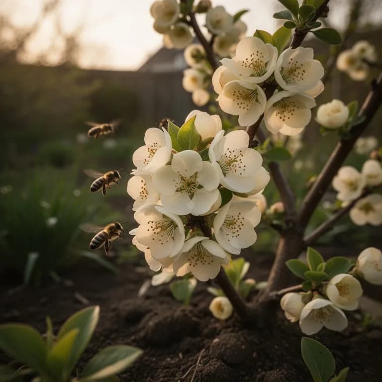 Zarte rosa-weiße Quittenblüten öffnen sich an einem knorrigen Ast im Frühling
