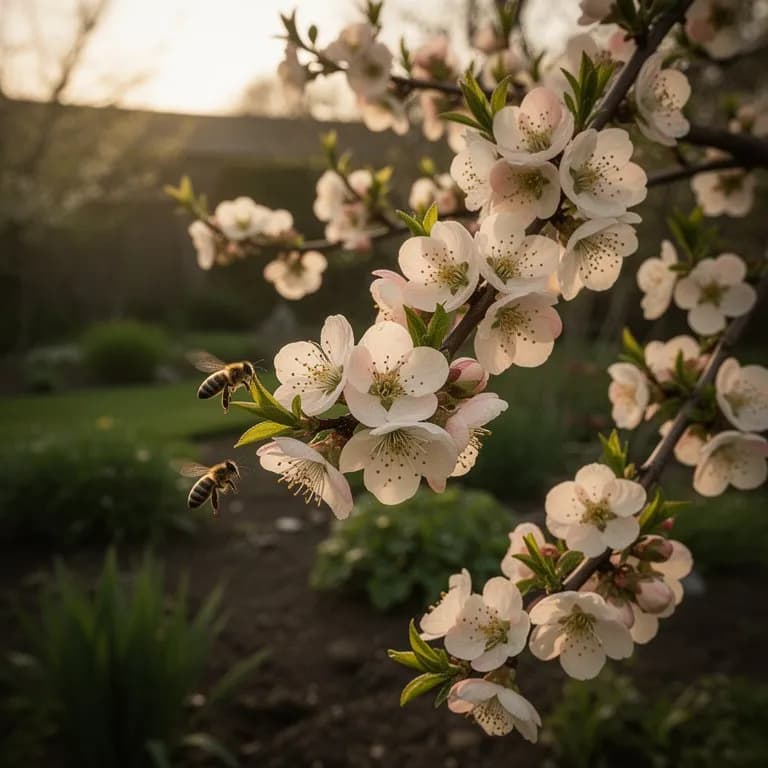 Gärtner schneidet Zierquittenzweige nach der Frühlingsblüte