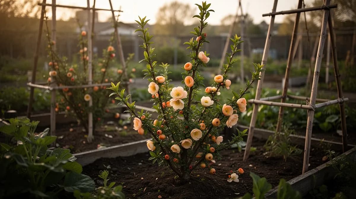 Wurzelnackte Zierquitte wird in ein Gartenbeet gepflanzt