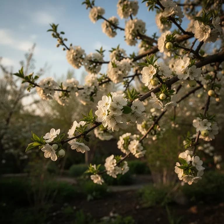 Membrillero en plena floración primaveral con grandes flores solitarias blanco-rosadas sobre ramas nudosas