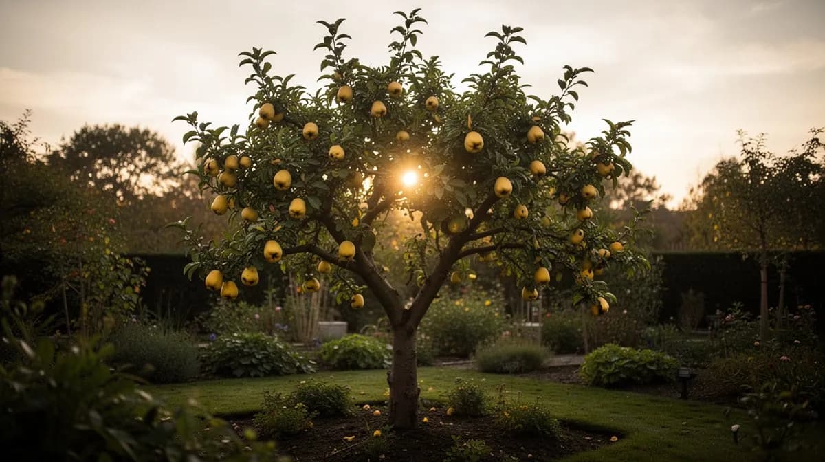 Ausgewachsener Quittenbaum mit einer breiten, abgerundeten Krone und leicht gewundenem Stamm in einer Obstgartenumgebung