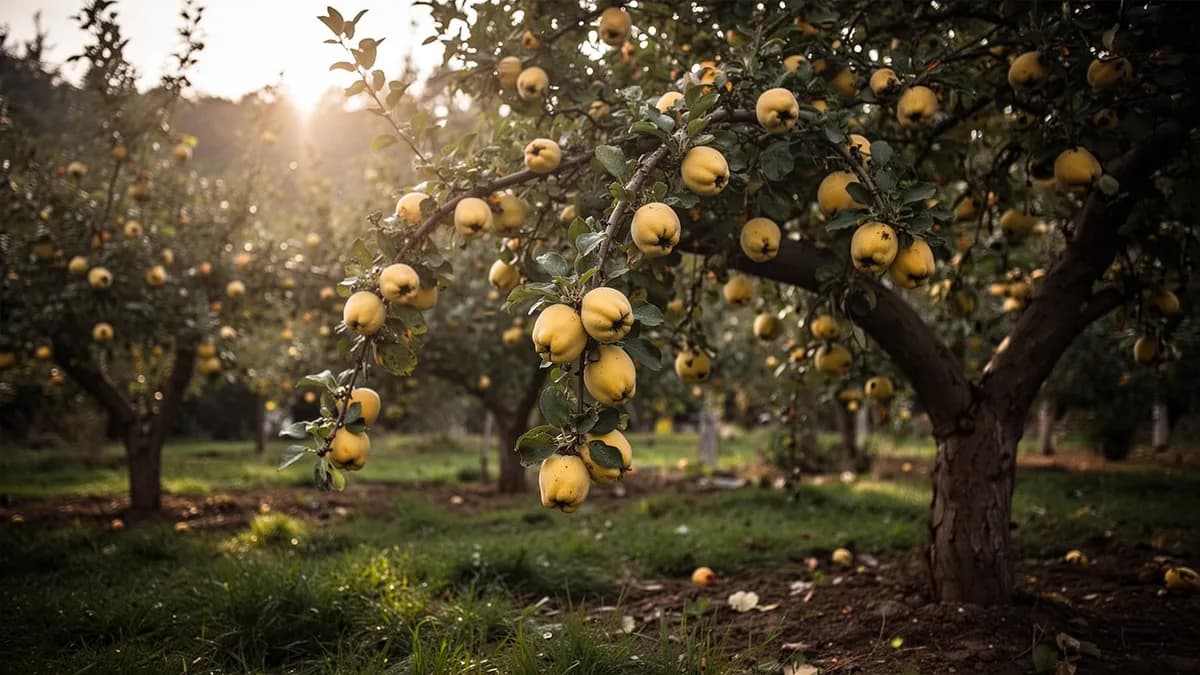 Jardinero podando ramas cruzadas de un membrillero en reposo a finales del invierno