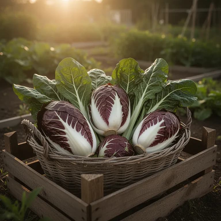 Reifer Radicchio-Kopf mit tiefburgunderroten Blättern und knackig-weißen Adern, bereit zur Ernte