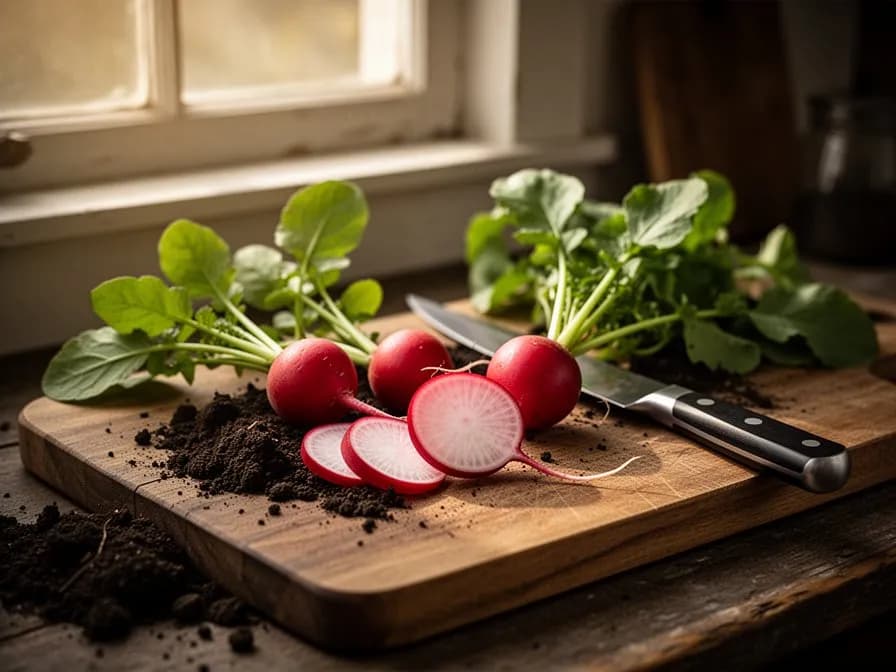 Sliced Cherry Belle radishes showing bright white crisp interior flesh