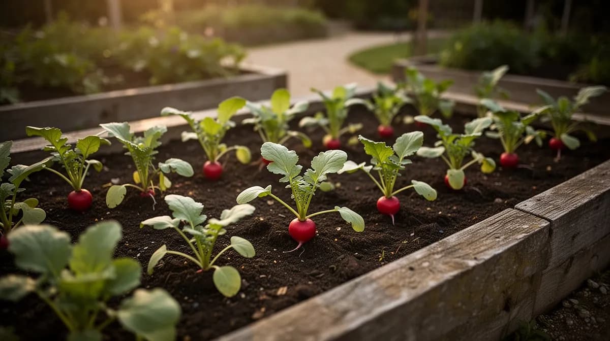 Lush row of Cherry Belle radishes growing in a raised bed garden