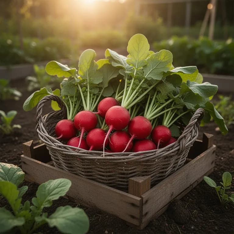 Freshly pulled Cherry Belle radishes with bright red skin and white roots held in a hand
