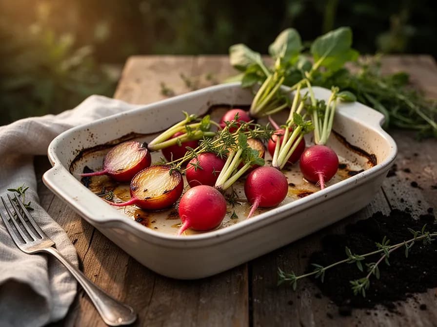 Fresh radish slices arranged on a green salad with herbs