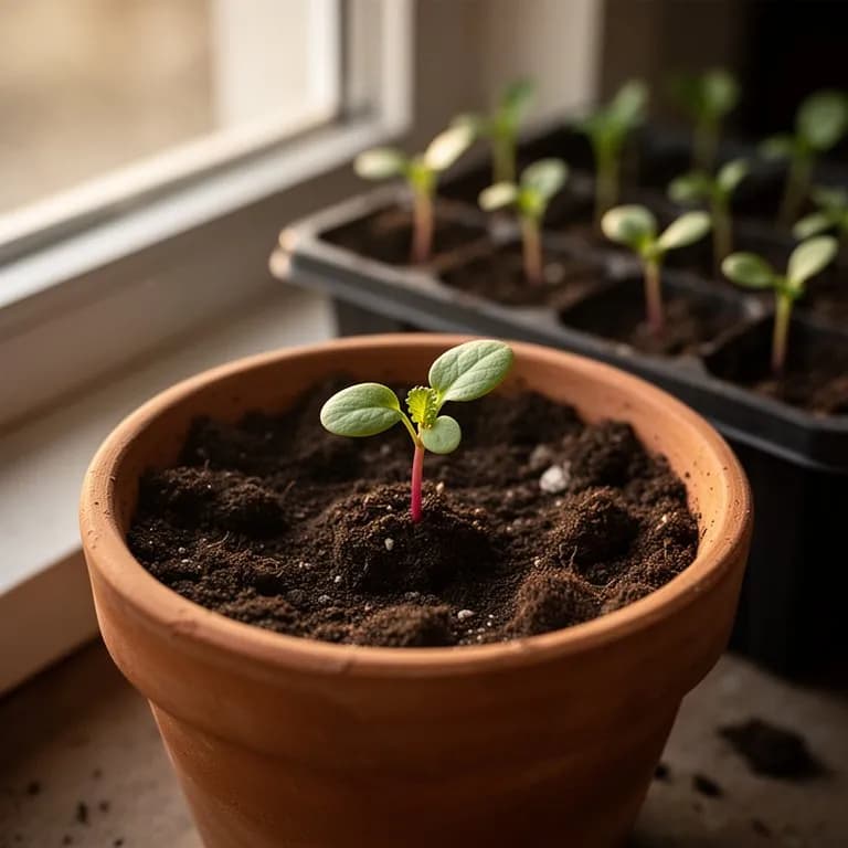 Tiny radish seedlings emerging in a neat row with bright green cotyledon leaves